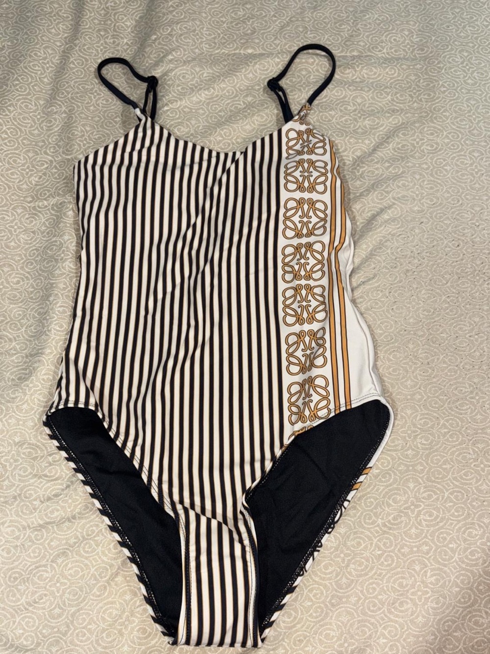 Loewe Black & White Striped One-Piece Swimsuit with Gold Motif